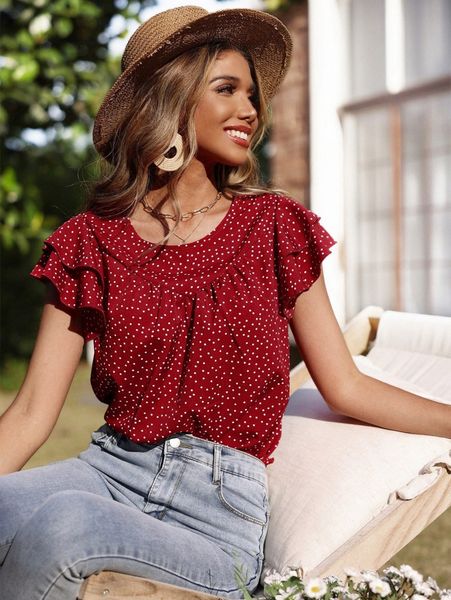 

polka dot print butterfly sleeve blouse t2oe#, White