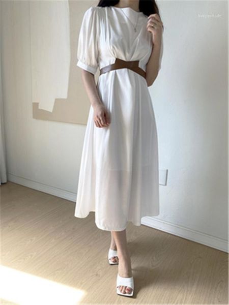 

party dresses 2021 arrivals solid lace-up tunic summer dress for ladies o-neck puff sleeve feminine sundresses sweet chic women's cloth, White;black