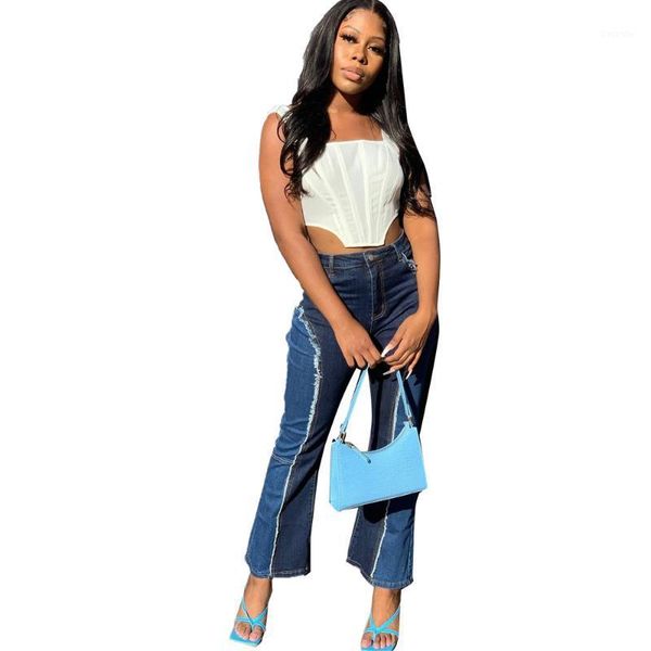 

contrast color patchwork casual denim pant for women fashion high waist stretchy bell bottom trouser vintage washed flare jeans1, Blue