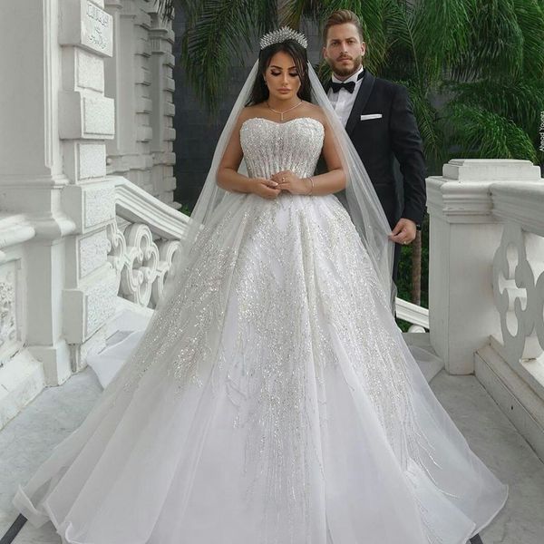 2021 lantejoulined um vestido de casamento de linha plus size Dubai vintage vestidos de noiva espartilho volta costume feitos por volta de trem vestes de mariée