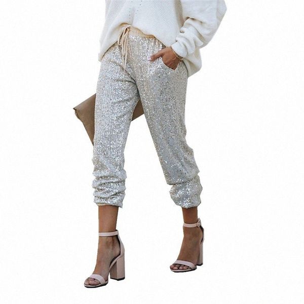

women's fashion jogger sweatpants sequins side pockets elastic drawstring design ankle-length pants casual weekend micro-elastic plain, Black;white