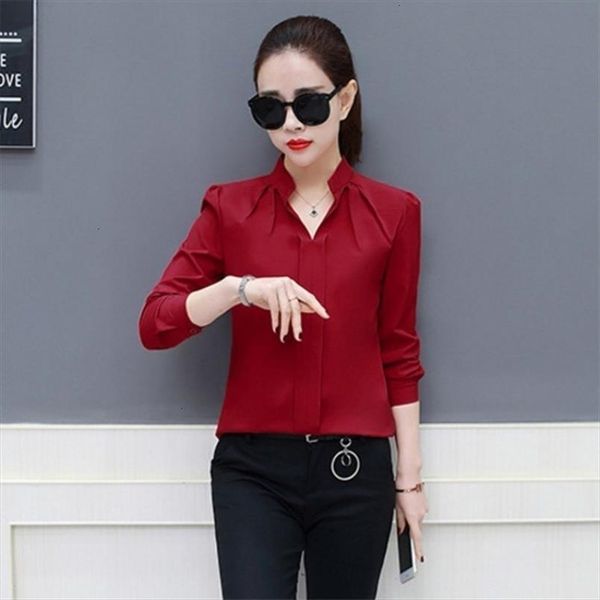 

women 2020 v neckline chiffon blouse ladies long sleeve pleated shirts elegant plus size stylish office blouse, White