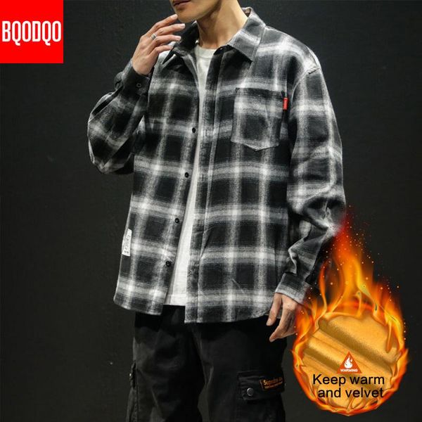 

fleece casual shirt men winter black plaid streetwear hip hop long sleeve men's shirts autumn preppy velvet oversized cargo, White;black