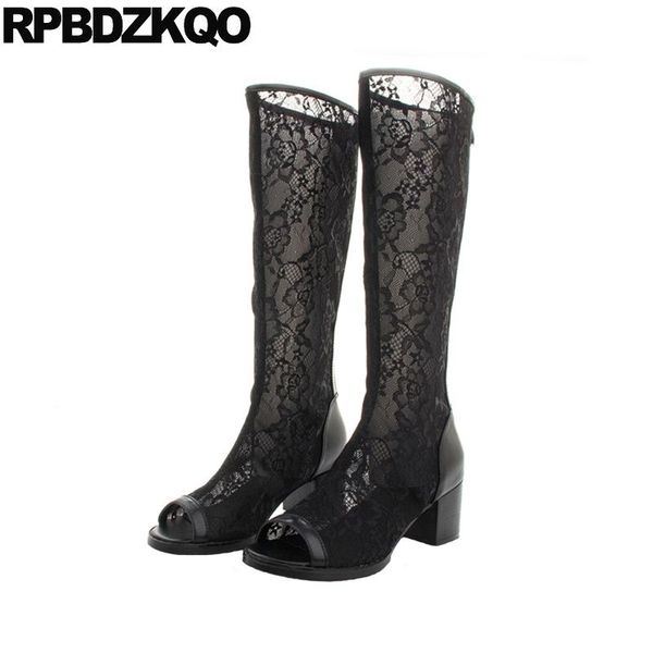 

celebrity casual knee high chunky shoes women black lace flower open toe heel cut out peep sandals mesh long
