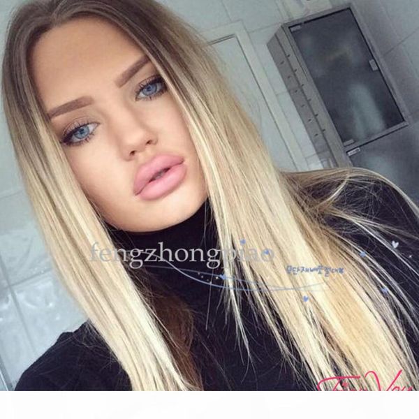 

ombre blond 2 tones synthetic lace front wig dark roots long natural straight blond synthetic hair wigs for women heat resistant fiber, Black