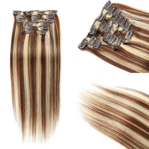 

clips in hair extensions 70g 4/613 color indian raw virgin human hair clip on hair 100g wholesale 4 613, Black;brown