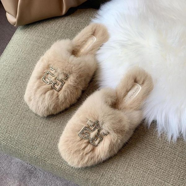 

women hairy slippers letter metal buckle flat half slippers female 2020 new autumn winter wild outer wear casual cotton, Black