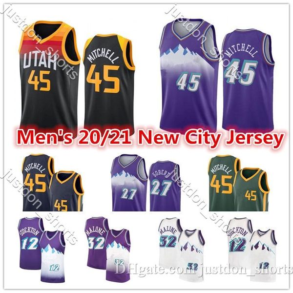 

vintage men's donovan 45 mitchell jersey rudy 27 gobert mike 10 conley john 12 stockton karl 32 malone 2021 new city basketball jersey, Black;red