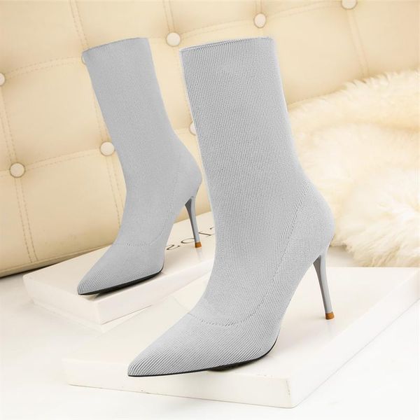 

winter 2020 fashion women socks boots pointed toe stretch fabric ankle boots 9cm heel high heels shoes autumn female plus size, Black