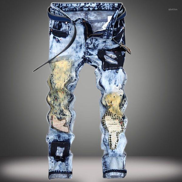 

men's jeans lable skinny men streetwear destroyed ripped homme hip hop broken modis male pencil biker embroidery patch pants1, Blue