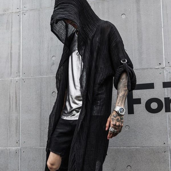 

nightclub dj singer punk rock hip hop long shirt black hooded cloak cardigan men linen oversize blouse gothic vintage streetwear