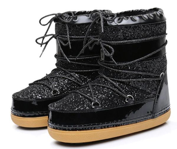 

snow boots winter ankle boots women shoes fur warm female plus size casual shoes platform non slip gold bling lack up de, Black