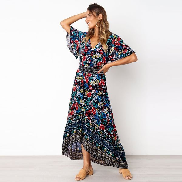 

dmsvz 2020 bohemian floral beach front short horn jvvvs positioning printed rear sleeve dress horn dress for women long, Black;gray