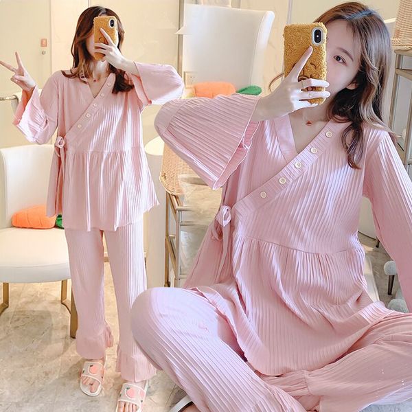 

large size loose cotton maternity nursing sleepwear breast feeding nightwear clothes for pregnant women pregnancy pajamas suits lj201120, White