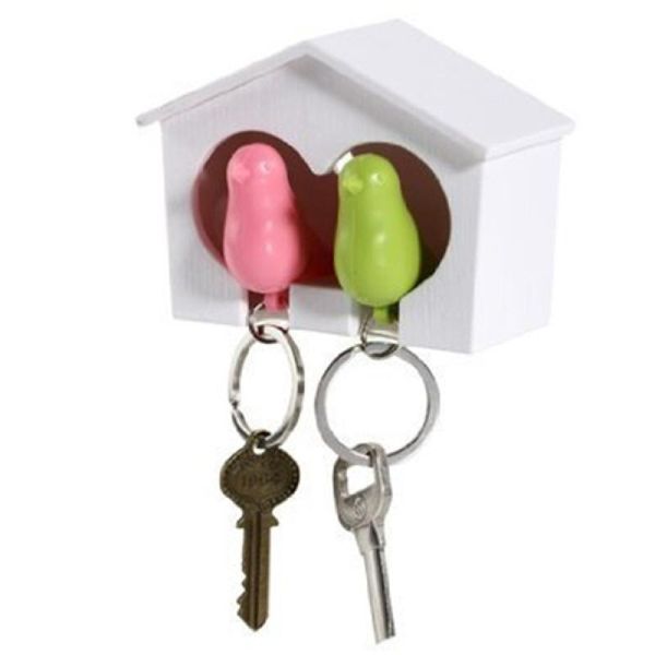 

white birdhouse with 2 whistle pink green sparrow key ring holder, Silver