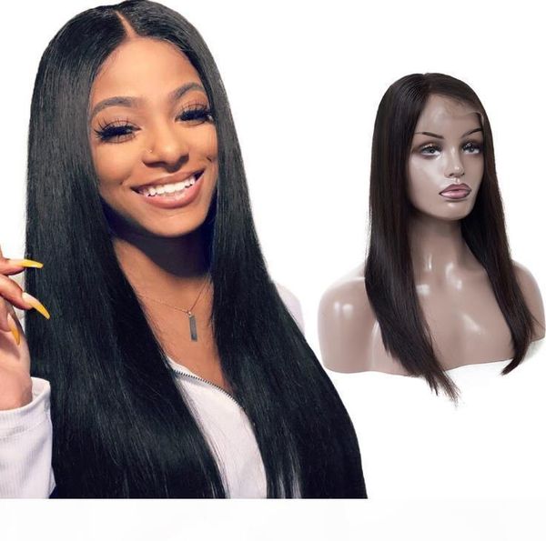 

dhl new designer fashion long straight 4*4 lace front human hair wigs selling full head set remy brazilian hair natural black, Black;brown