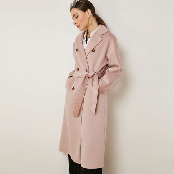 

new collection women's double cashmere coat turn down collar long sleeves double breasted sash belt fashion casual outerwear overcoat, Black