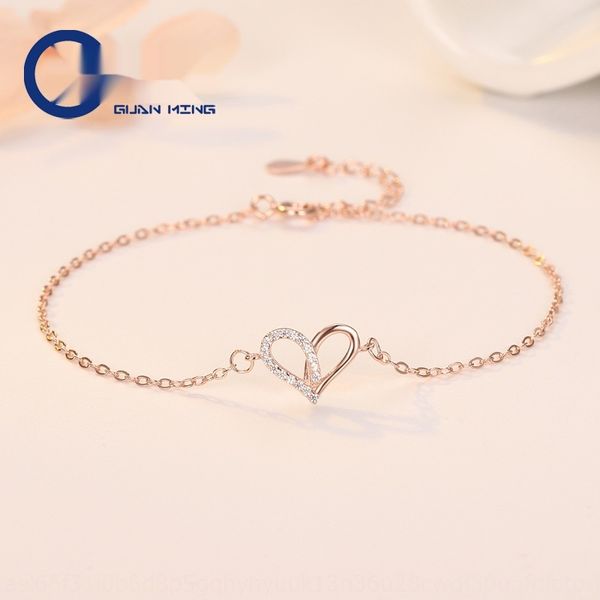 

guanming silver jewelry bracelet braceletnational braceletins minority design heart-shaped bracelet s925 pure silver simple love hand jewelr, Golden;silver