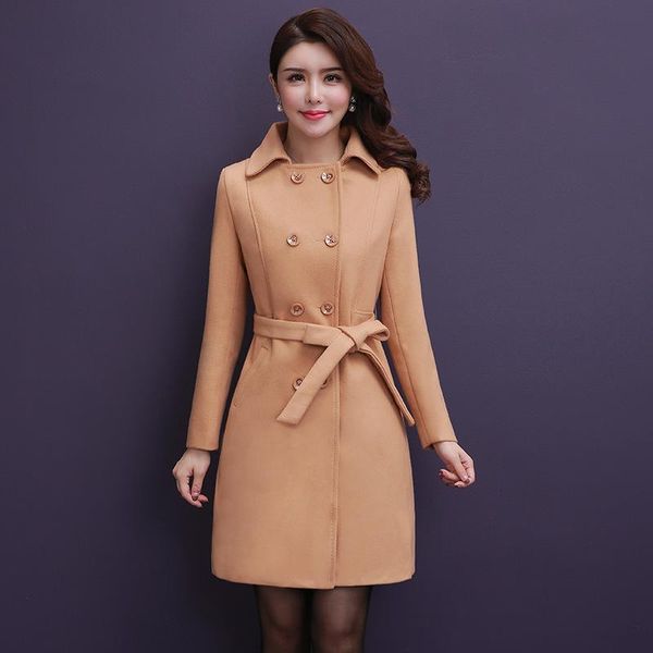 

elegant solid women long woolen coat slim double breasted women's jacket turn-down collar office cashmere coat and jacket, Black