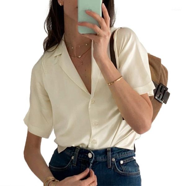 

summer women blouse solid color suit shirt v neck short sleeve elegant silk shirt style 20201, White