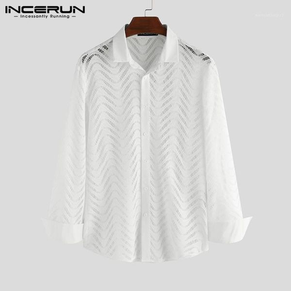 

men's casual shirts fashion lace shirt men breathable see through nightclub party dress button mesh long sleeve blouse s-5xl incerun1, White;black
