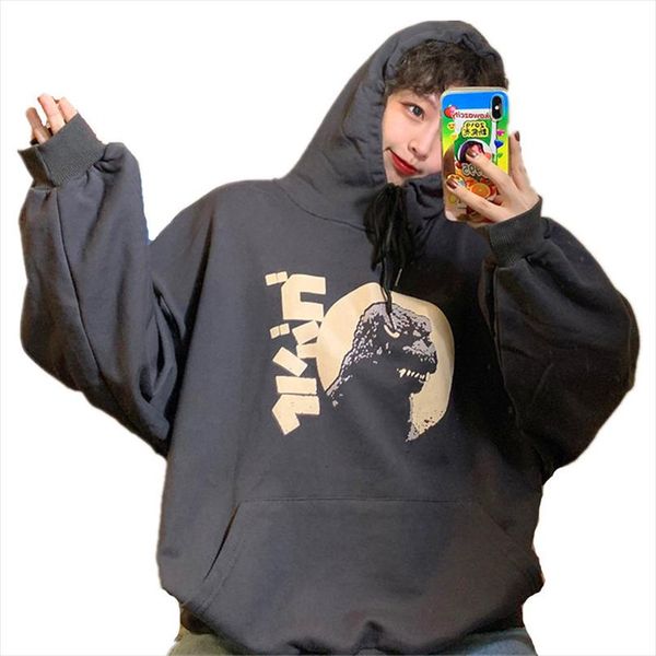 

2020 fall women hooded sweatshirt japanese dinosaur monster print harajuku hoodie school girls casual loose pocket pullover top, Black