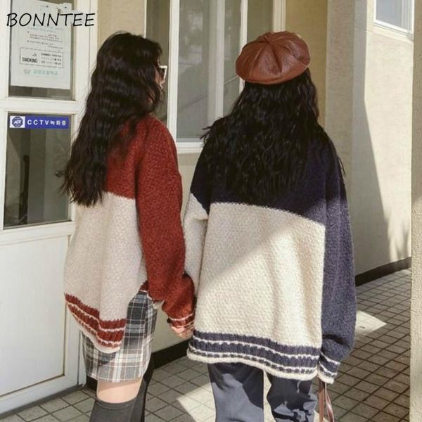 

pullovers women spring new chic patchwork elegant sweet preppy girls sweater korean loose trendy knitted leisure femme jumpers, White;black