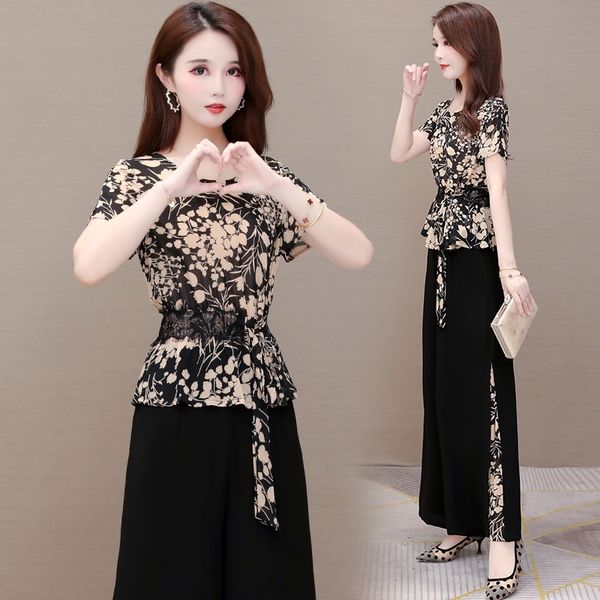 

gfwlt 2020 wide-leg new suit suitfashion suitwide leg pants pants two-piece women's clothing summer goddess fan western style elegant s, Gray