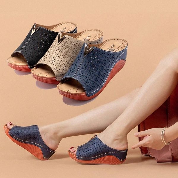 

summer women rome fish mouth slippers retro pu leather platform shoes solid thick sole heels beach sandals women wedges slides #bj69, Black