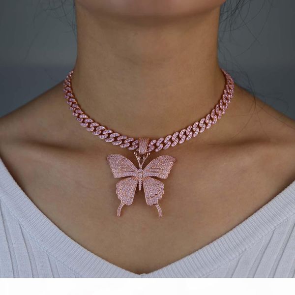 

iced out animal butterfly pendant with tennis cuban chain gold silver rosegold cubic zircon men women hiphop necklace jewelry