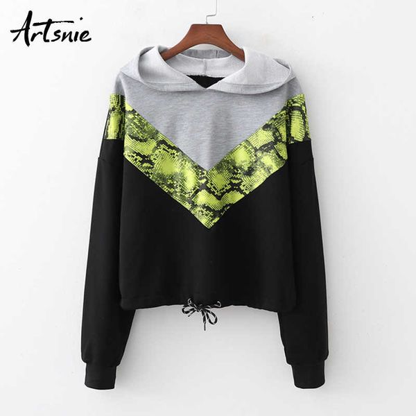 

artsnie patchwork casual hooded sweatshirt women spring 2021 drop shoulder hoodies pullovers knitted streetwear sweatshirts sh190911, Black