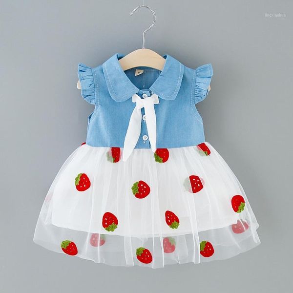 

toddler dresses for girls bowknot denim splice strawberry print tulle princess dress baby girls summer casual clothing ma81, Red;yellow