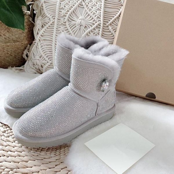 

2020 зима полных алмазов снегоступы женская шерсть овец интегрированы короткие сапоги толстой дна теплой нескользящая кожи мода rhineston, Black