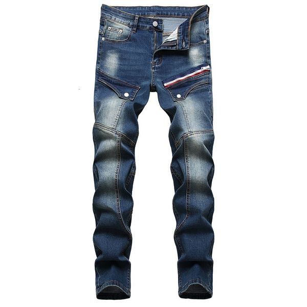 

new hip hop design brand jeans for men's straight 2021 fashion distressed moto bike vintage jean plus size rjar, Blue