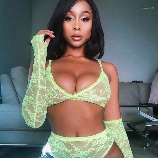 

women lingerie set lace see-through sheer v neck bra+high waist g-string+sleeve gloves underwear babydoll nightwear set1, Red;black