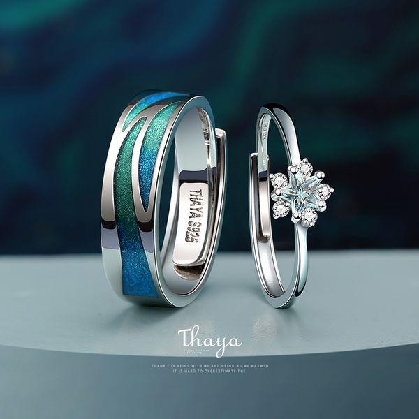 

thaya real 925 sterling silver blue drop oil ring snowflake creative designer fine jewelry open silver ring for women retro gift 201006, Golden;silver