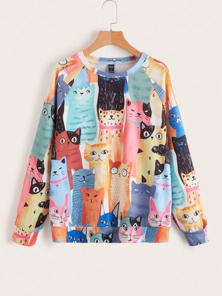 

emery rose cat print raglan sleeve pullover n3qo#, White;black