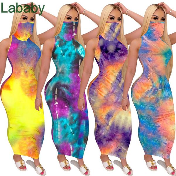 

spring and summer designer 2021 new women printed mask tie dye one-piece long dress sleeveless nightclub dresses, White
