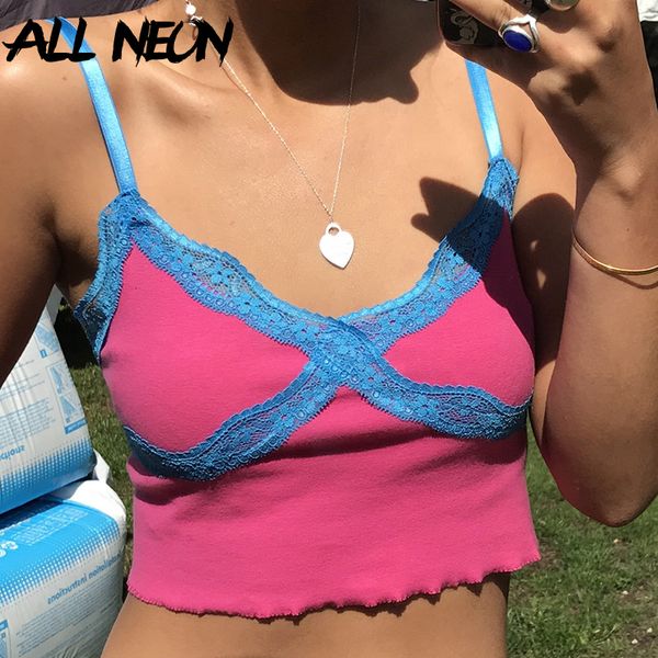 

allneon e-girl vintage spaghetti strap cross lace trim cami y2k fashion slim pancelled backless cropped partywear, White