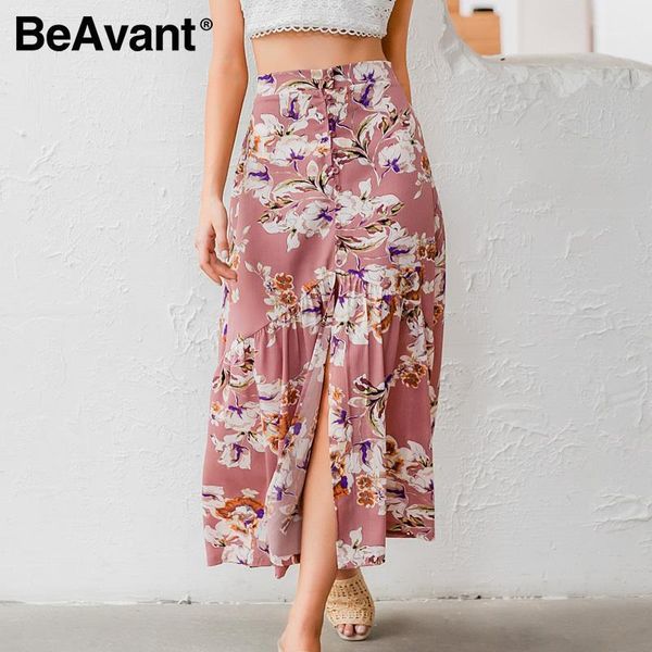 

beavant floral print retro skirts women high waist summer holiday split skirts female ruffles boho bottoms 20201, Black