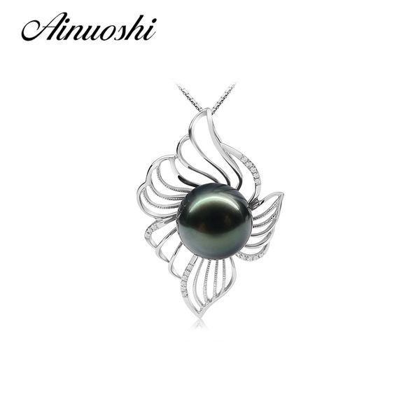 

ainuoshi 925 sterling silver flower shaped pearl necklace pendants black cultured pearl tahiti 10.5-11mm round pearl necklace y200106