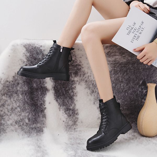 

cootelili fashion zipper flat shoes woman high heel platform pu leather boots lace up women shoes ankle boots girls 35-40 201021, Black