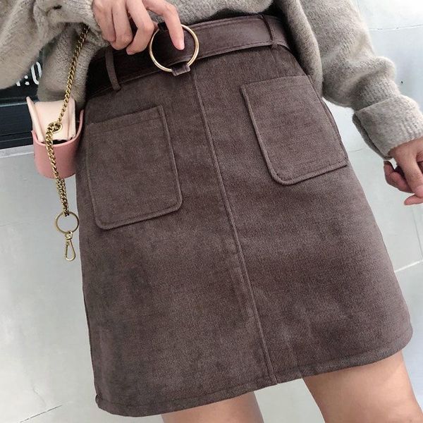 

2021 women autumn winter vintage corduroy skirts female sashes pocket high waist a-line mini skirt lady solid vintage skirts d251, Black