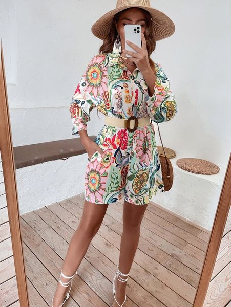 

allover floral print shirt romper i2dp#, White