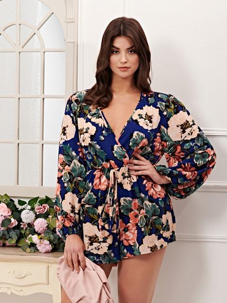 

plus floral print knot detail romper c8is#, Black