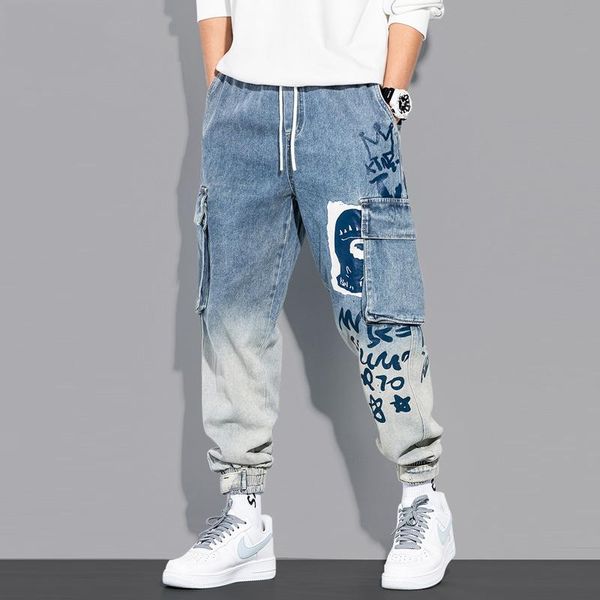

newly designer fashion men jeans gradient loose fit big pocket denim cargo pants streetwear printed hip hop joggers trousers, Blue