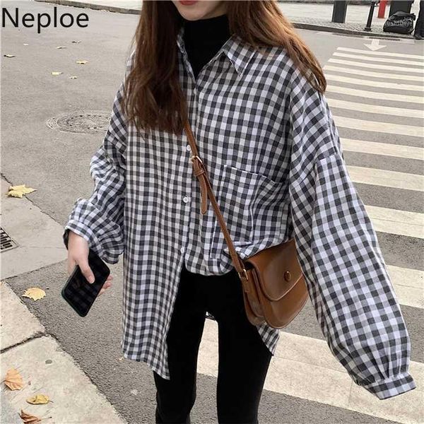 

neploe 2020 new spring causal plaid blouses women long sleeve turn down collar shirt single breasted loose blusas 590131, White