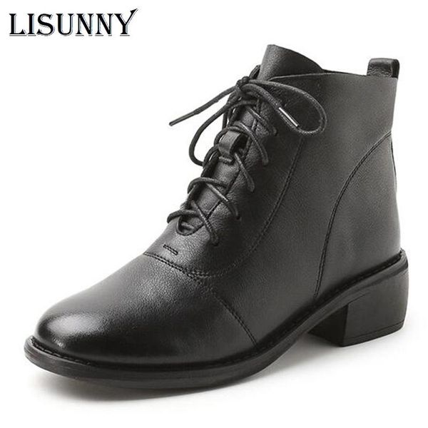 

boots lisunny shoes women european style ankle flats round toe black elastic band genuine leather woman