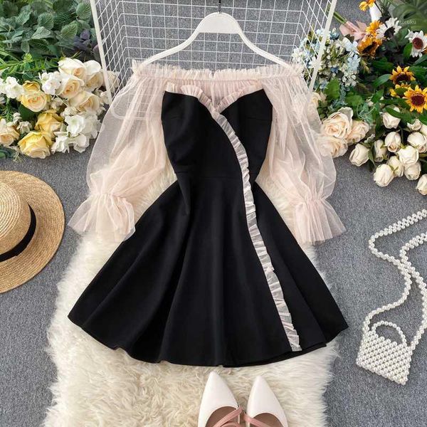 

spring autumn 2020 new popular dress temperament word shoulder mesh puff sleeve patchwork short dress women a-line ml7281, Black;gray
