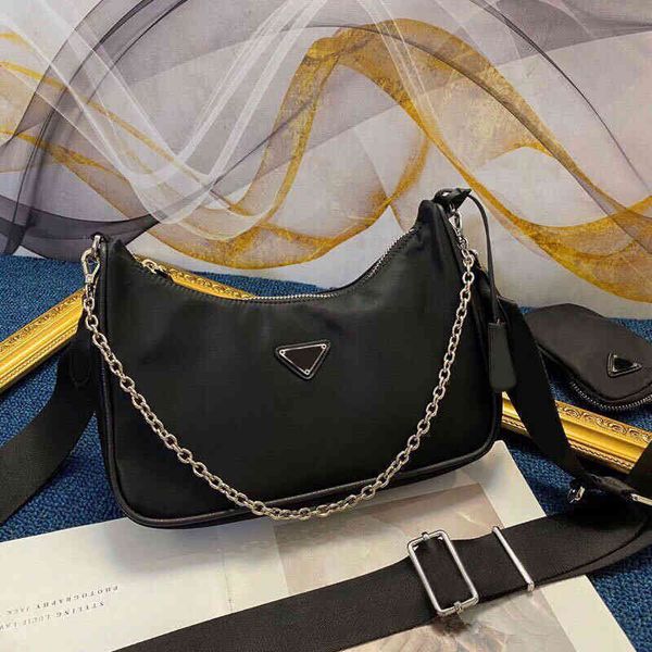 

2022 latest handbag factory store three in armpit mini hobo nylon cowhide women's versatile chain one shoulder slant cross portable